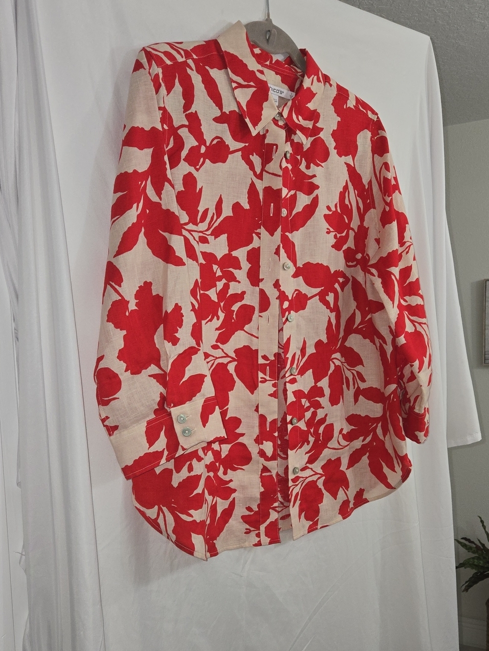Chico's Cream Button-Down Shirt with Red Floral Print